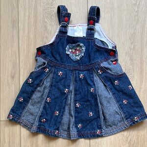 Vintage Denim Dress Embroidered Heart & Flowers Pleated Blue Jean Coverall 12